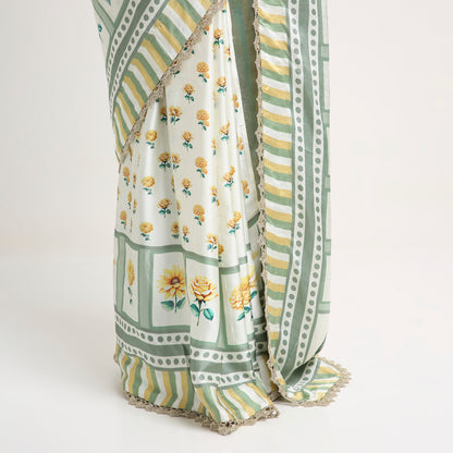 ‘Bloom Edit’ Sunlit Yellow and Antique Sage Silk Banarasi Tissue Painterly Saree