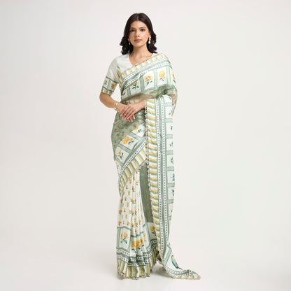 ‘Bloom Edit’ Sunlit Yellow and Antique Sage Silk Banarasi Tissue Painterly Saree