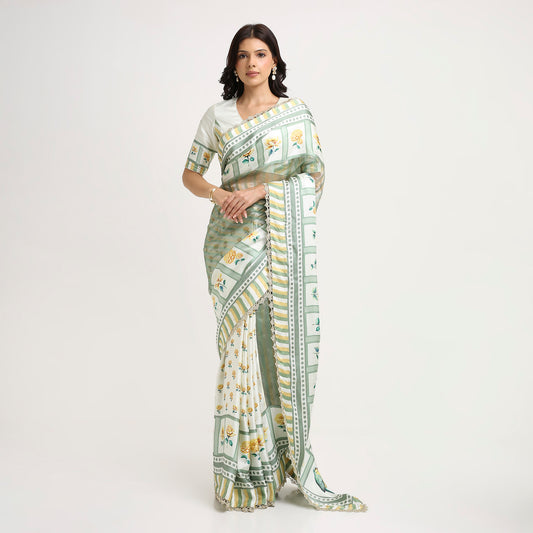 ‘Bloom Edit’ Sunlit Yellow and Antique Sage Silk Banarasi Tissue Painterly Saree