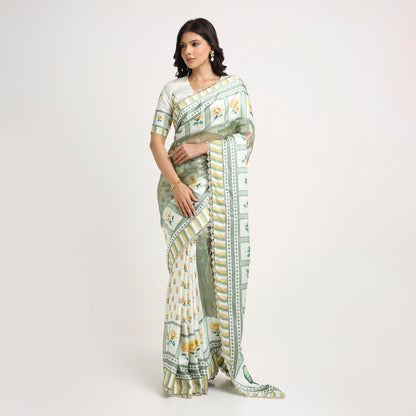 ‘Bloom Edit’ Sunlit Yellow and Antique Sage Silk Banarasi Tissue Painterly Saree