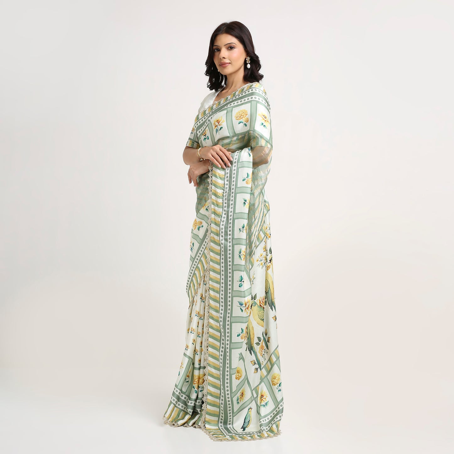 ‘Bloom Edit’ Sunlit Yellow and Antique Sage Silk Banarasi Tissue Painterly Saree