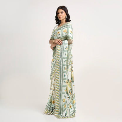 ‘Bloom Edit’ Sunlit Yellow and Antique Sage Silk Banarasi Tissue Painterly Saree