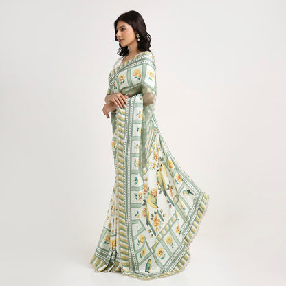 ‘Bloom Edit’ Sunlit Yellow and Antique Sage Silk Banarasi Tissue Painterly Saree