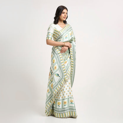 ‘Bloom Edit’ Sunlit Yellow and Antique Sage Silk Banarasi Tissue Painterly Saree