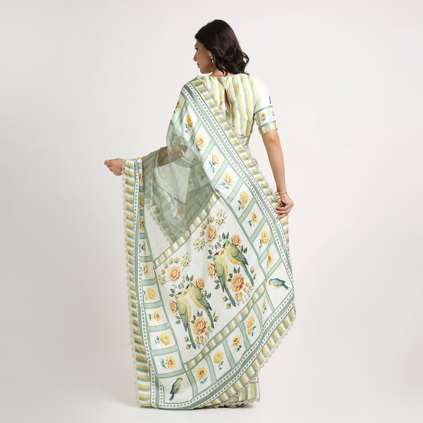 ‘Bloom Edit’ Sunlit Yellow and Antique Sage Silk Banarasi Tissue Painterly Saree