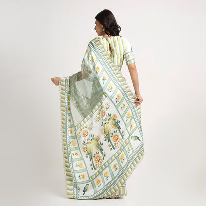 ‘Bloom Edit’ Sunlit Yellow and Antique Sage Silk Banarasi Tissue Painterly Saree