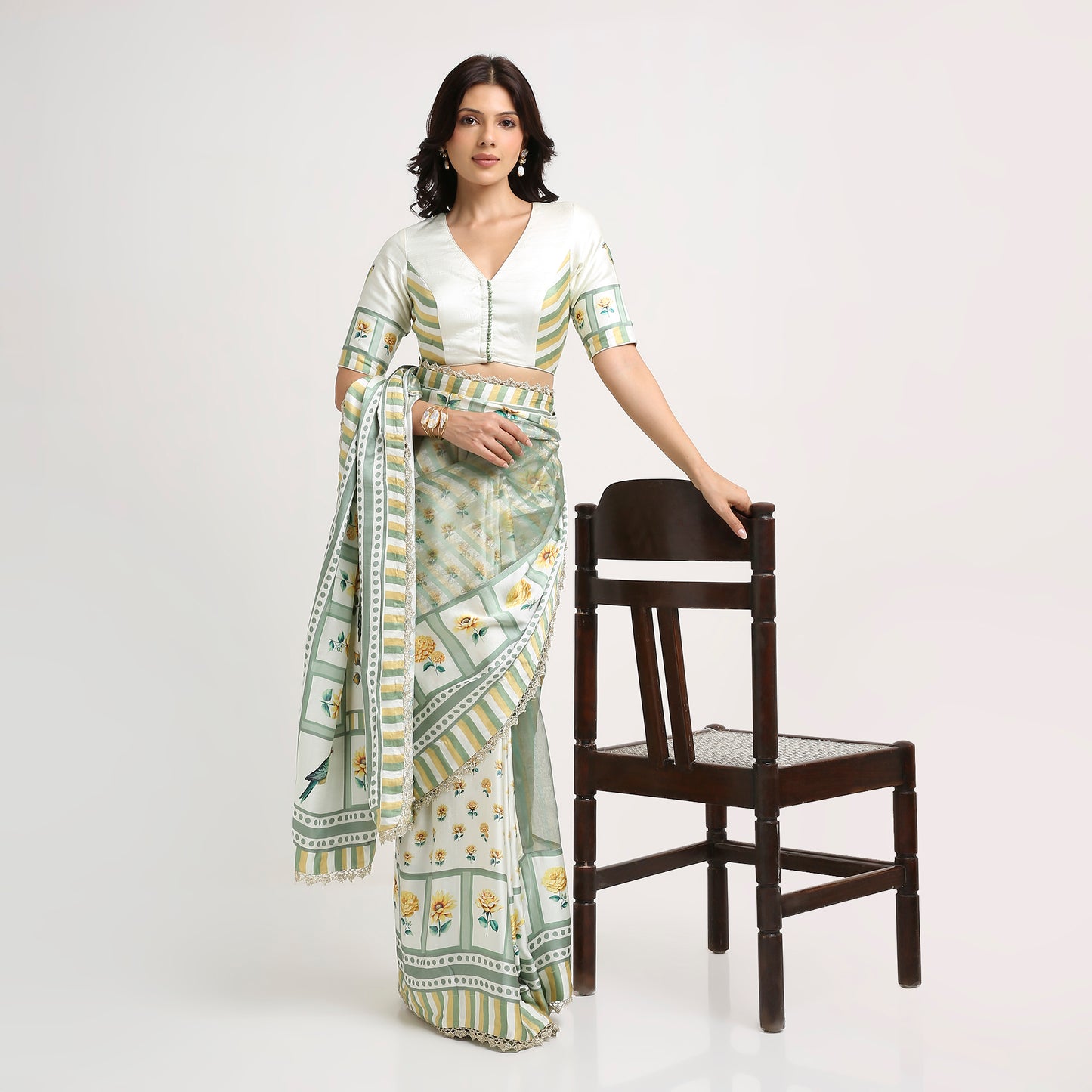 ‘Bloom Edit’ Sunlit Yellow and Antique Sage Silk Banarasi Tissue Painterly Saree