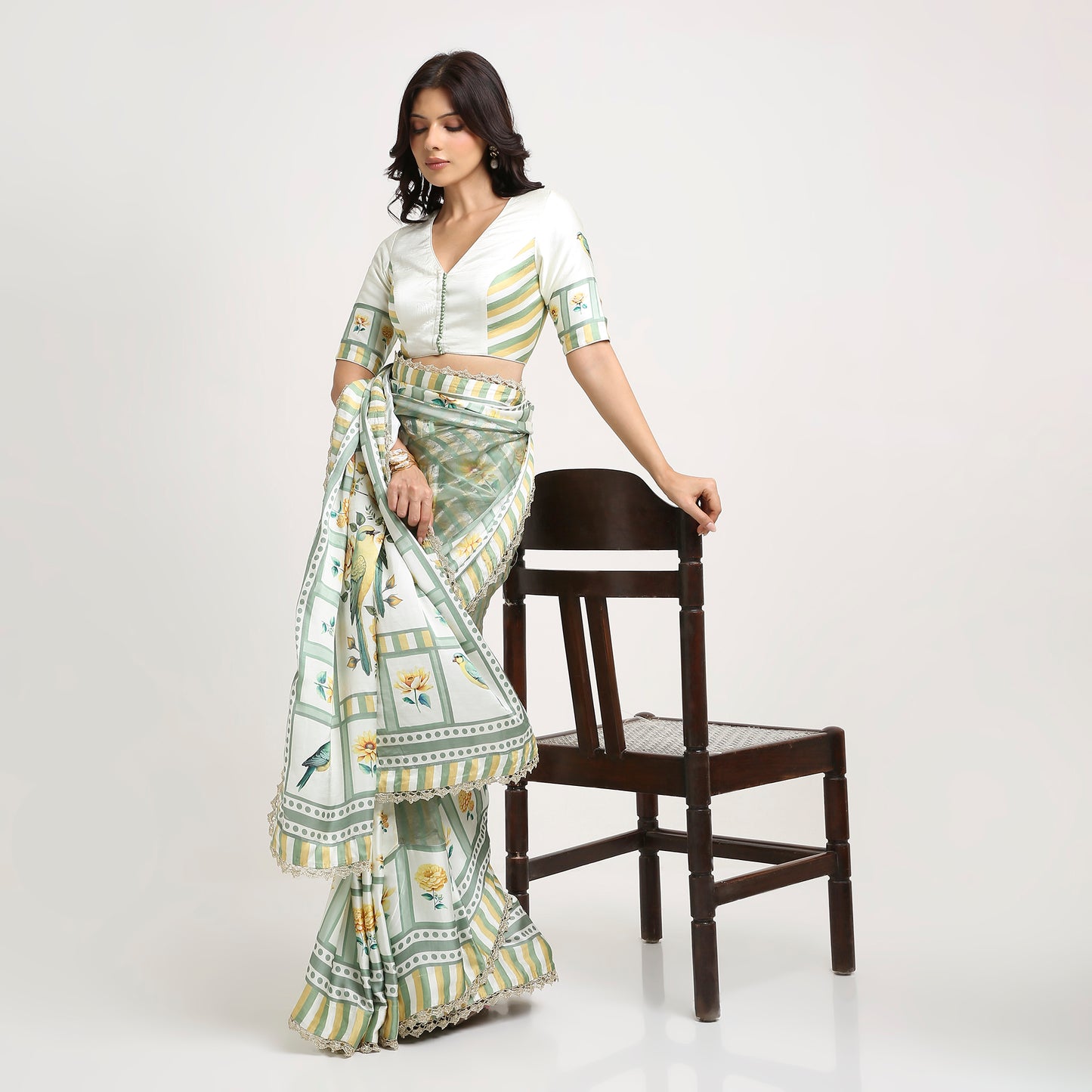 ‘Bloom Edit’ Sunlit Yellow and Antique Sage Silk Banarasi Tissue Painterly Saree