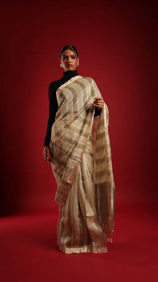 Unique Striped Sage and Pistachio Green Pure Crushed Katan Tissue Banarasi Saree